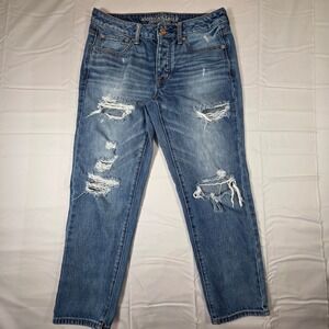 American Eagle Boy Crop Distressed Jeans Medium Wash Denim Womens 6 Distressed